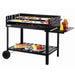 Tepro Atlanta Charcoal BBQ Trolley Grill with meat and vegetables grilling on top of it with condiments and side dishes resting on the attached side table