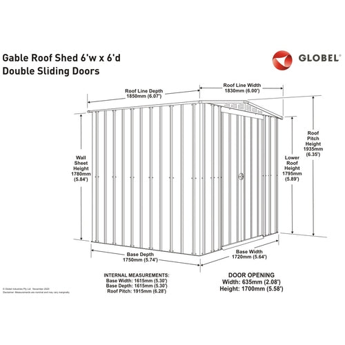 Globel 6x6ft Apex Metal Garden Shed