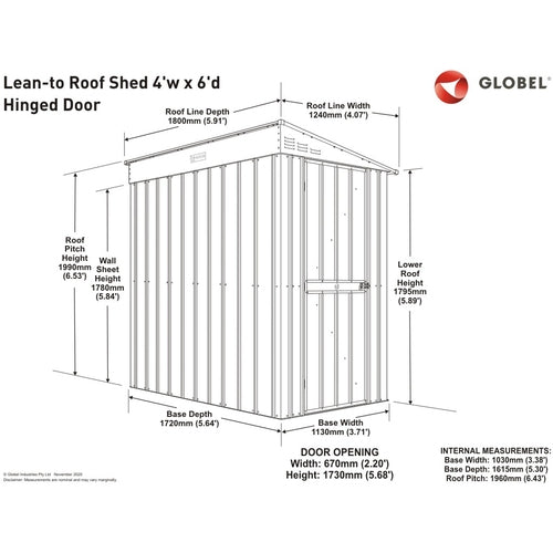 Globel 4x6ft Lean-To Metal Garden Shed