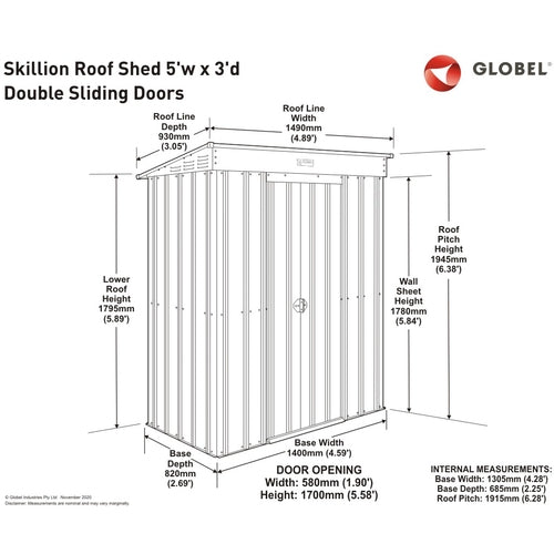 Globel 5x3ft Pent Metal Garden Shed