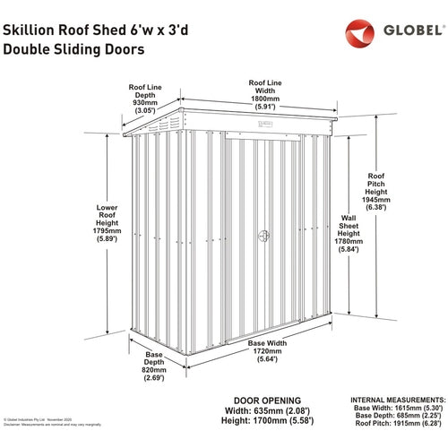 Globel 6x3ft Pent Metal Garden Shed