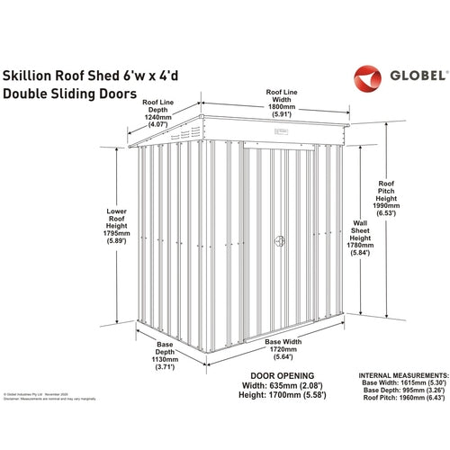 Globel 6x4ft Pent Metal Garden Shed