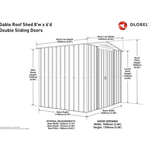 Globel 8x6ft Apex Metal Garden Shed