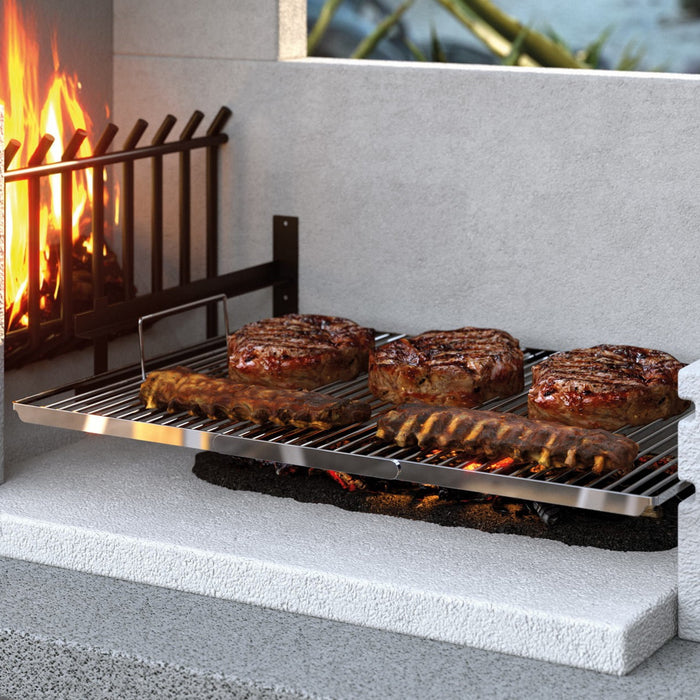 Close up of Burning Wood Fired grill of a Palazzetti Antille Complete Outdoor BBQ Kitchen cooking burgers and sausages 