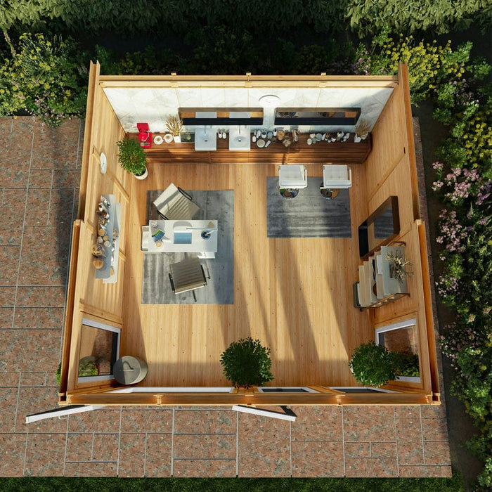 Aerial View Mercia Edwinstowe Insulated Garden Room 4m x 4m On a patio garden