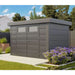 Anthracite grey telluria eleganto 9x8ft insulated metal shed in garden setting