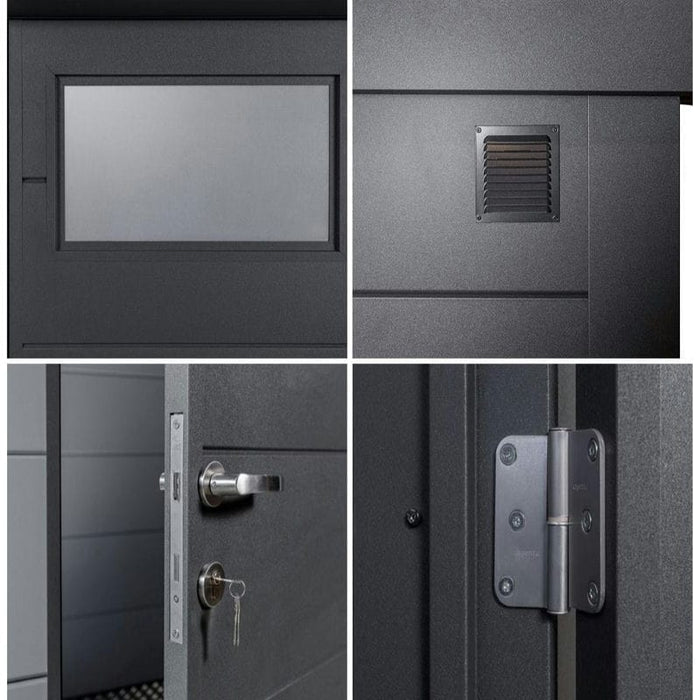 Close up of telluria insulated garden office safe and secure cylinder door lock and windows