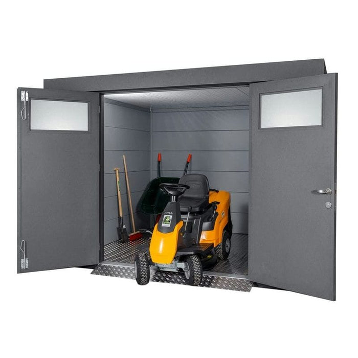 Inside of anthracite grey telluria eleganto 9x8ft insulated garden shed with lawnmower inside