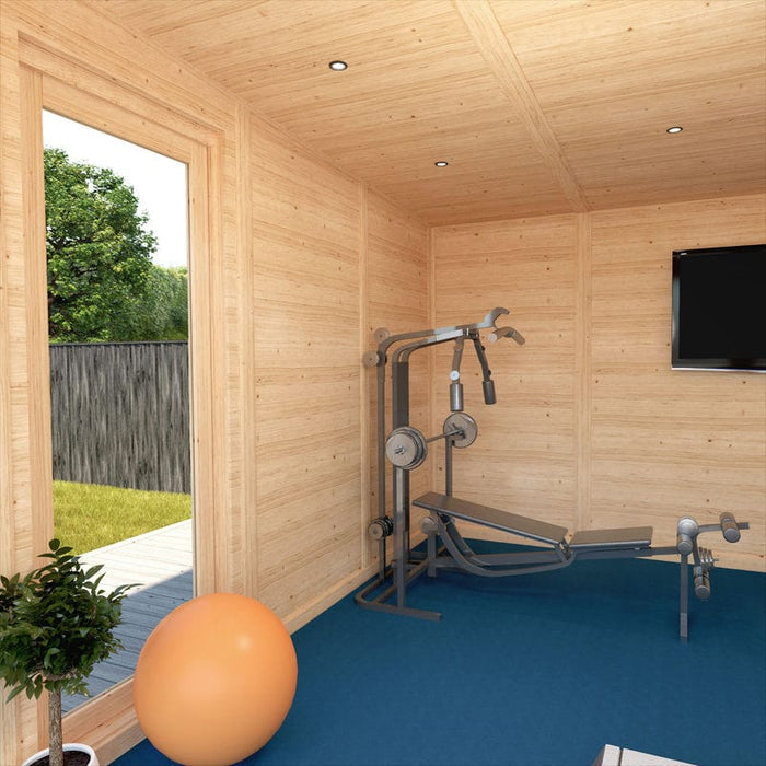 Inside of Mercia Creswell 6m x 3m insulated garden gym with gym ball and TV