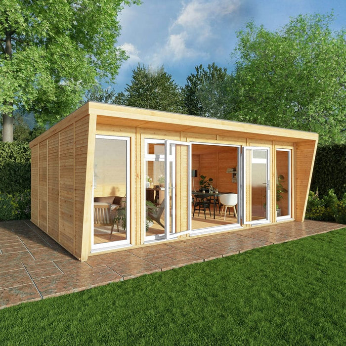 Mercia Harlow Insulated Garden office 6m x 4m with white UPVC door on patio garden