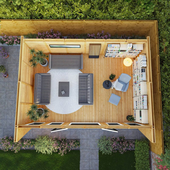 Plan view of Mercia Harlow Insulated Garden office 6m x 4m with anthracite UPVC door on patio garden