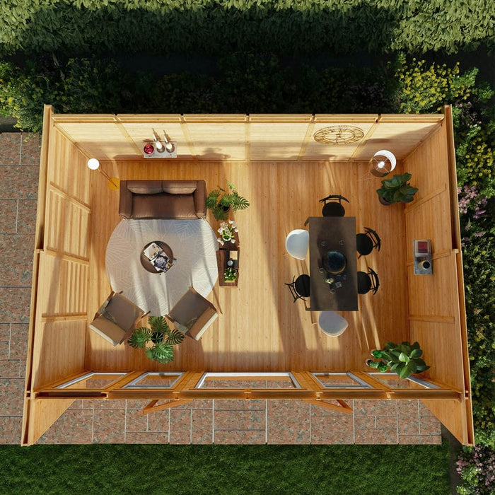 Plan view of Mercia Harlow Insulated Garden office 6m x 4m with oak UPVC door on patio garden
