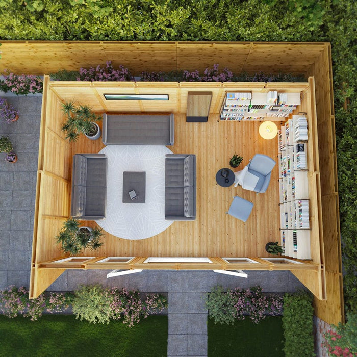 Plan view of Mercia Harlow Insulated Garden office 6m x 4m with white UPVC door on patio garden