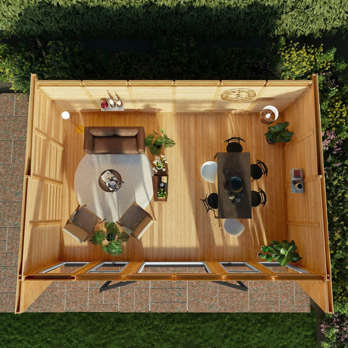 Plan view of Mercia Harlow Insulated Garden pod 6m x 4m with anthracite UPVC door on patio garden