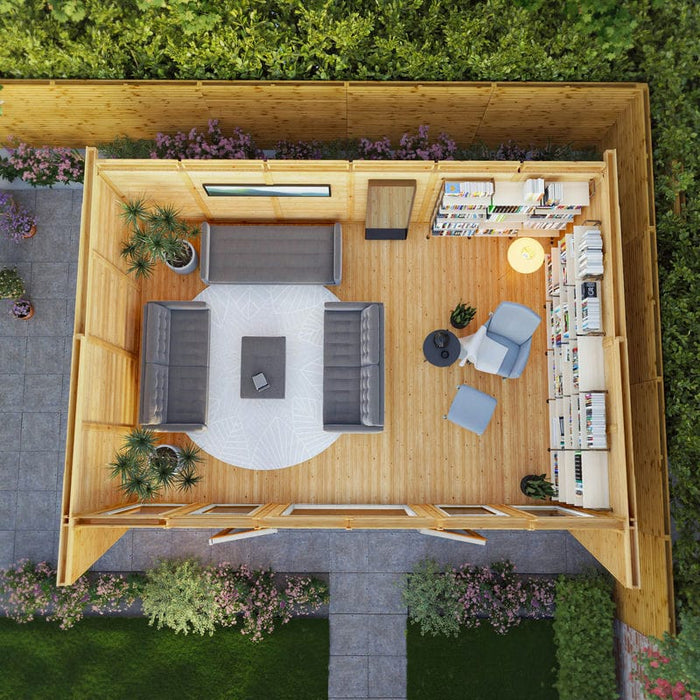 Plan view of Mercia Harlow Insulated Garden pod 6m x 4m with oak UPVC door on patio garden