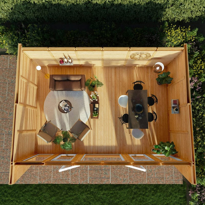 Plan view of Mercia Harlow Insulated Garden pod 6m x 4m with white UPVC door on patio garden