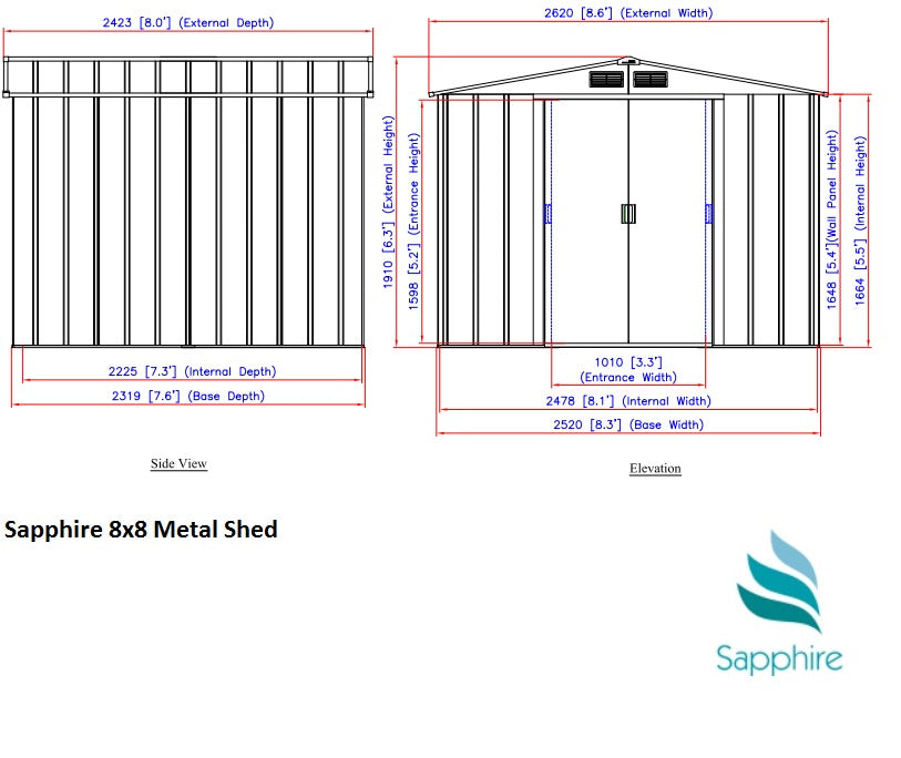 Sapphire 8x8ft Apex Metal Shed