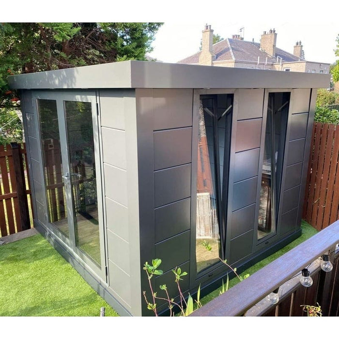 Secure Anthracite grey telluria eleganto 10x10ft insulated garden room in garden setting