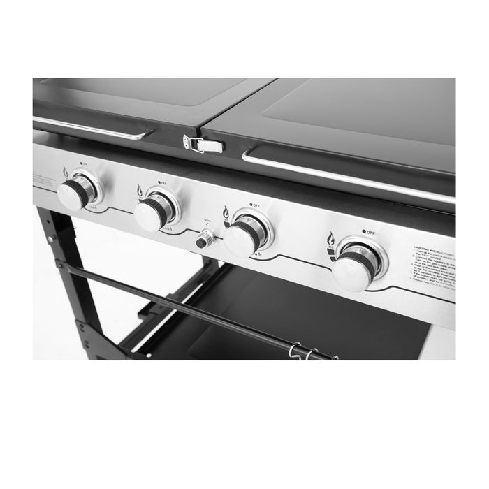 Close up of gas control knobs of Callow 4 Burner Flat Top Gas Outdoor Griddle with side tables collapsed