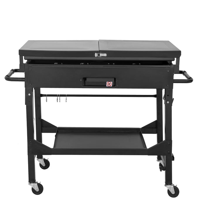 Rear of Callow 4 Burner Flat Top Gas Outdoor Griddle with side tables collapsed