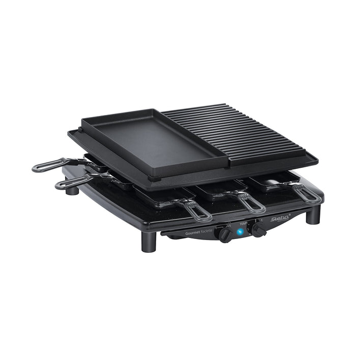 Steba RC-4-PLUS-DELUX Quality Raclette for 6 people ? Black w/ Non-stick Coated Grill Plate, Scratch-Resistant Stone Plate, Griddle, and Plancha