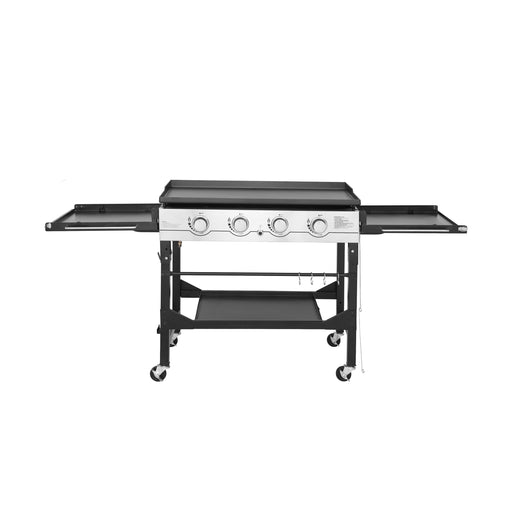 Front view of Callow 4 Burner Flat Top Gas Outdoor Griddle with side tables extended 