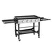 Diagonally left front view of Callow 4 Burner Flat Top Gas Outdoor Griddle with side tables extended 