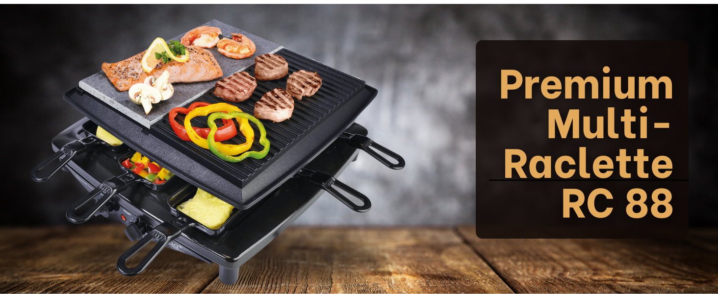 Steba RC-4-PLUS Premium Quality Electric Raclette for 6 people ? Black Non-stick Coated Grill Plate, Cut & Scratch-Resistant Stone Plate